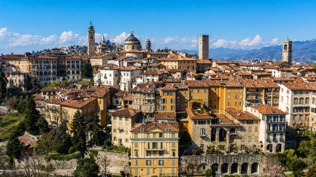 Bergamo Citta Alta panoramic view with historic buildings and old town skyline in Italy