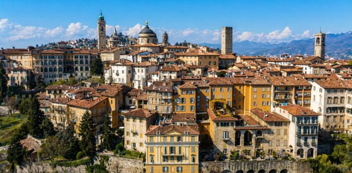 Bergamo Citta Alta panoramic view with historic buildings and old town skyline in Italy