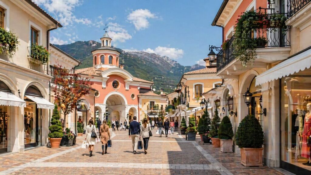 Luxury shopping street in northern Italy with boutiques and scenic alpine background
