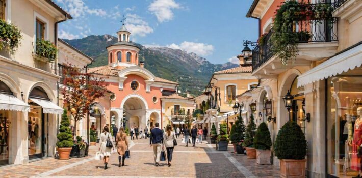 Luxury shopping street in northern Italy with boutiques and scenic alpine background