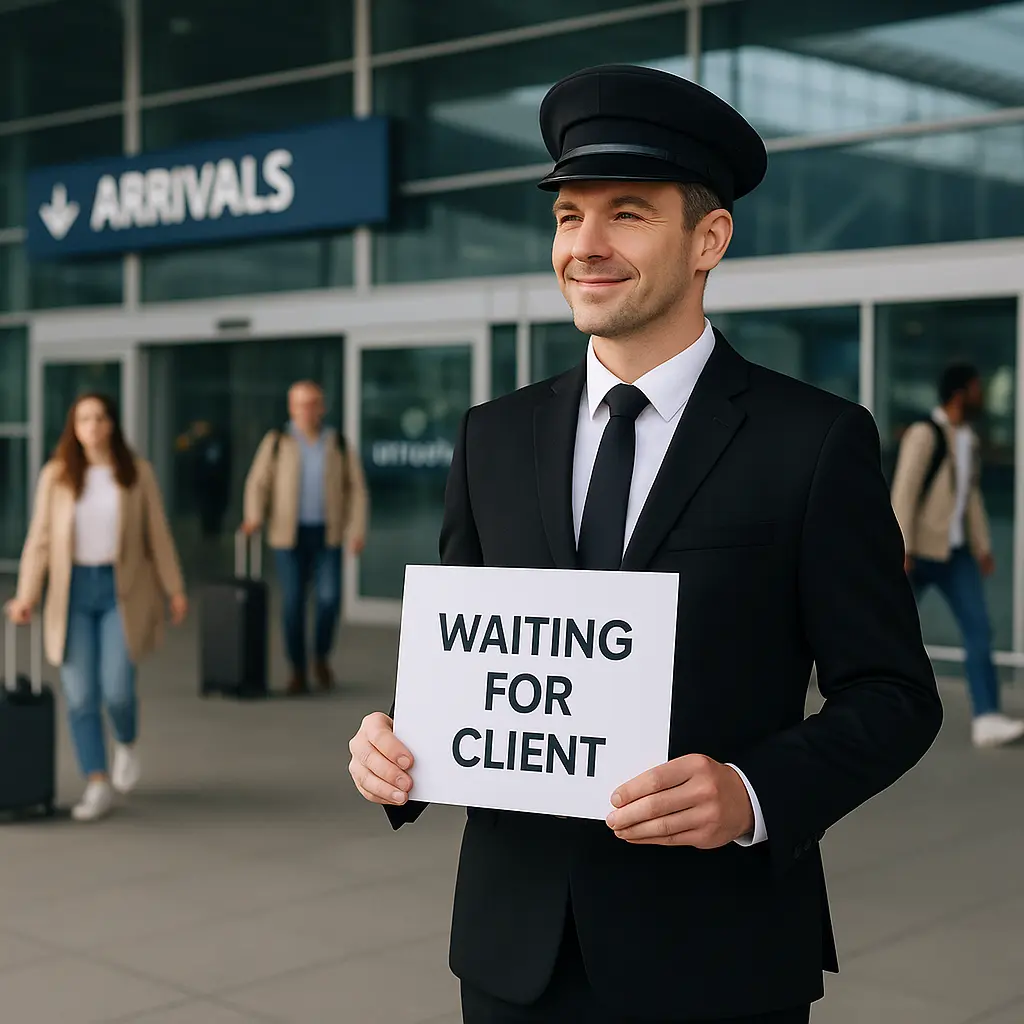 Chauffeur at airport arrivals holding a ‘Waiting for Client’ sign — meet and greet airport transfer service