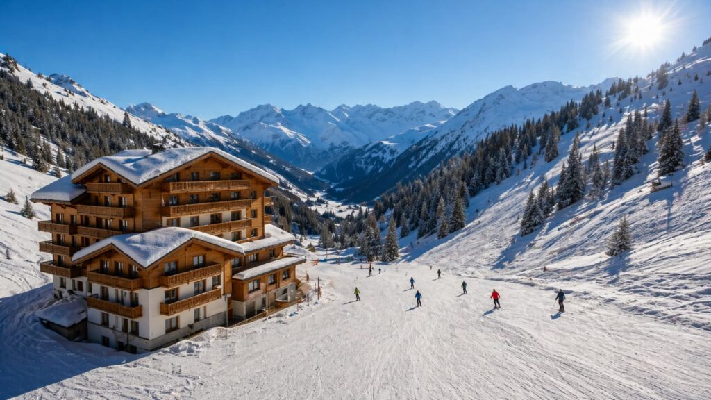 Ski resort in Italian Alps with chalet and snowy mountains, winter landscape