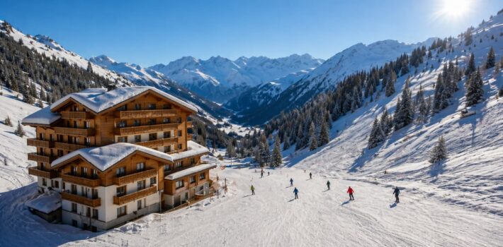 Ski resort in Italian Alps with chalet and snowy mountains, winter landscape