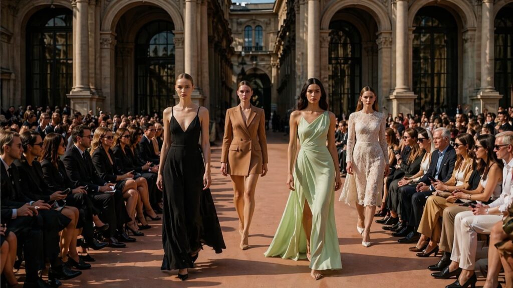 Models walking runway at Milan Fashion Week in luxury fashion show with elegant architecture