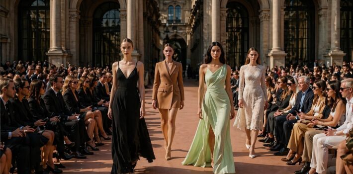 Models walking runway at Milan Fashion Week in luxury fashion show with elegant architecture
