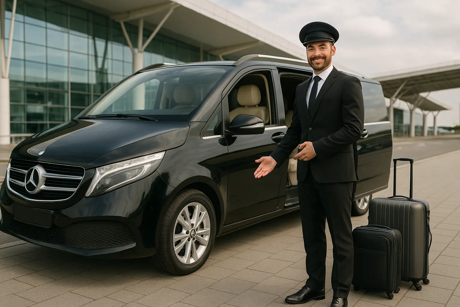 Professional chauffeur standing beside luxury black van at airport with luggage — airport transfer service