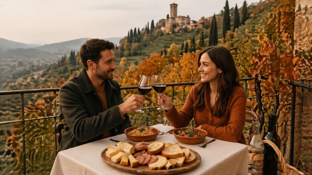 Couple enjoying wine and food on terrace in autumn Italy with vineyard and hills view