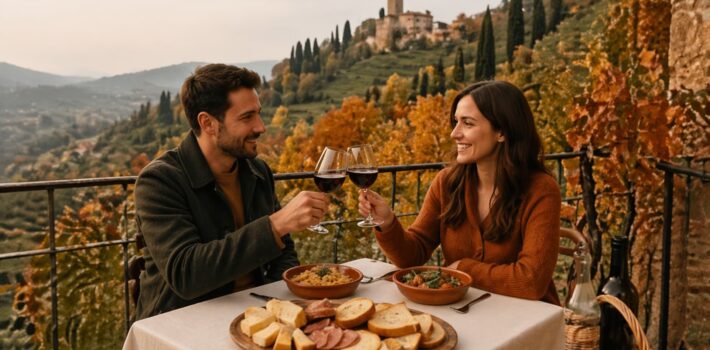 Couple enjoying wine and food on terrace in autumn Italy with vineyard and hills view