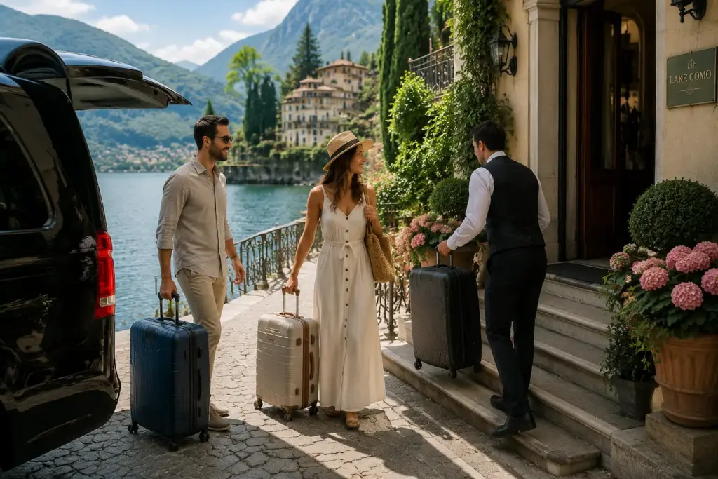 Travellers arriving with luggage at a Lake Como hotel