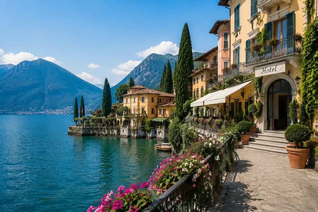 Lake Como lakeside hotel with mountain and lake views