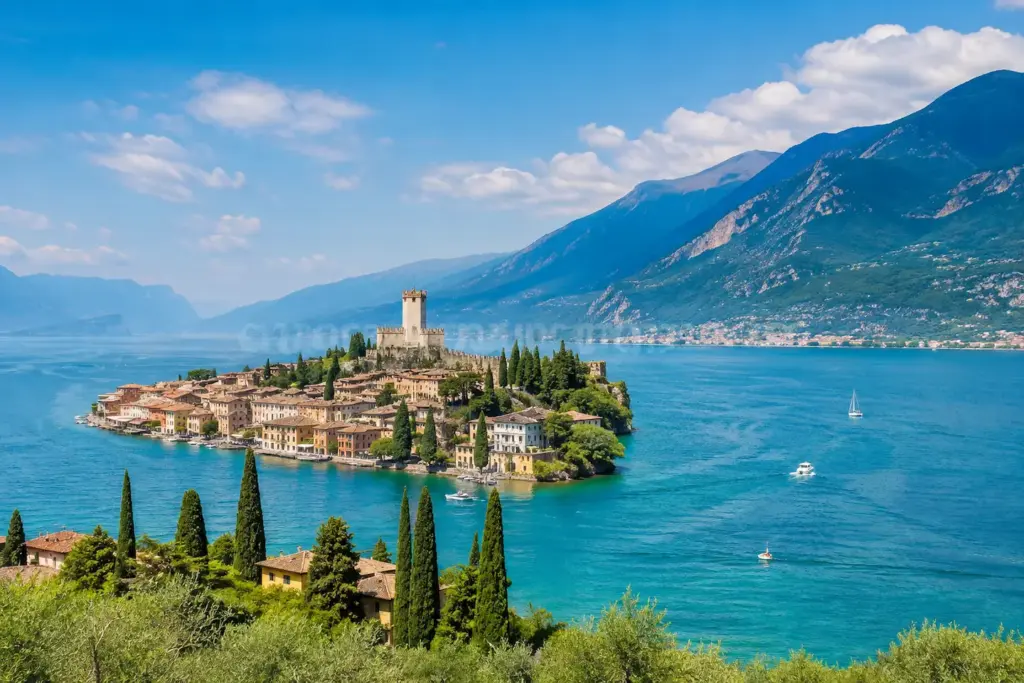 Lago de Garda El lago de Garda, con sus pueblos ribereños y montañas en el norte de Italia.