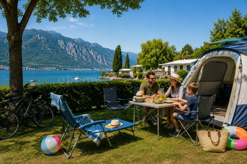 Camping en el lago de Garda Familia disfrutando de unas vacaciones a orillas del lago en un camping del lago de Garda.