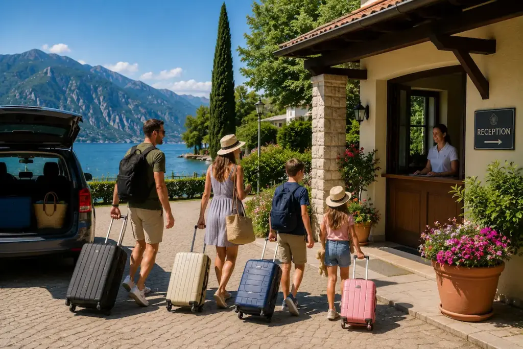 Alojamiento familiar en el lago de Garda Familia llegando con equipaje a un alojamiento vacacional en el lago de Garda.